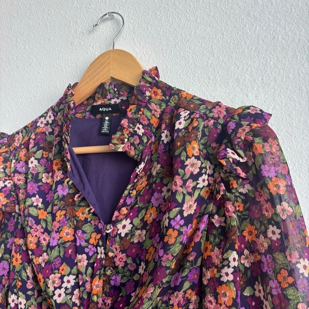 Aqua Multicolor Floral Long Sleeve Ruffled Mini Smocked Dress Exclusive Small